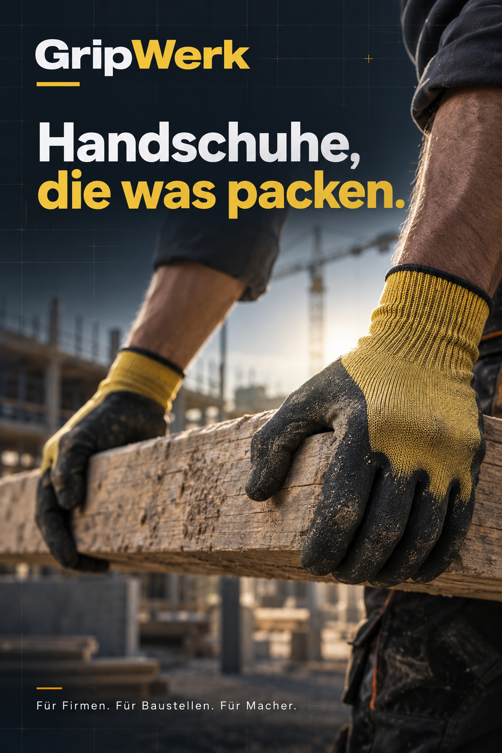 GripWerk – Handschuhe, die was packen. Arbeitshandschuhe beim Tragen eines Holzbalkens. Für Firmen. Für Baustellen. Für Macher.